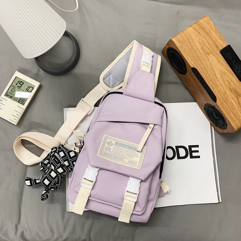 Popular casual crossbody bag, sports backpack, outdoor shoulder bag (purple [with black plaid rabbit pendant])