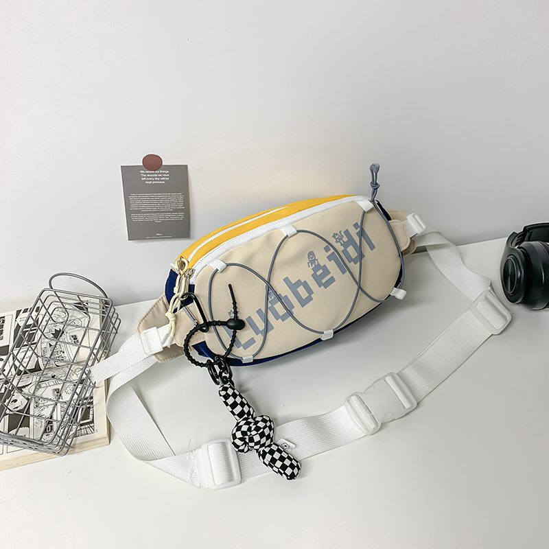 Popular casual crossbody bag, sports backpack, outdoor shoulder bag (blue with yellow [with black and white checkered keychain pendant])