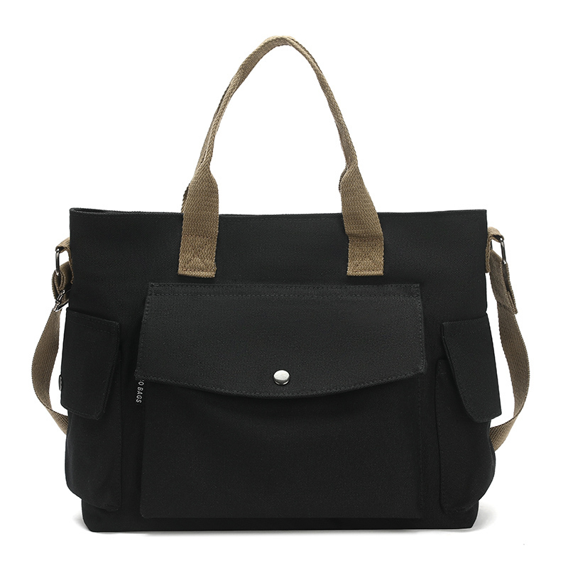 Popular large-capacity canvas crossbody bag, shoulder bag, handbag (black with brown [size: top 40 bottom 34 thick 13 height 30cm])