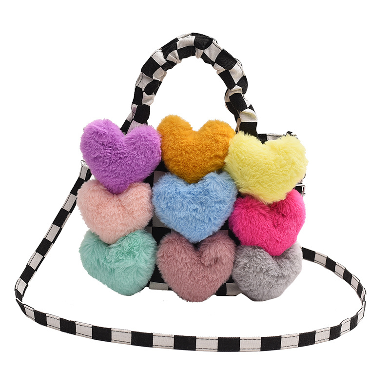 Popular love plush crossbody bag, fashionable shoulder handbag (plaid)