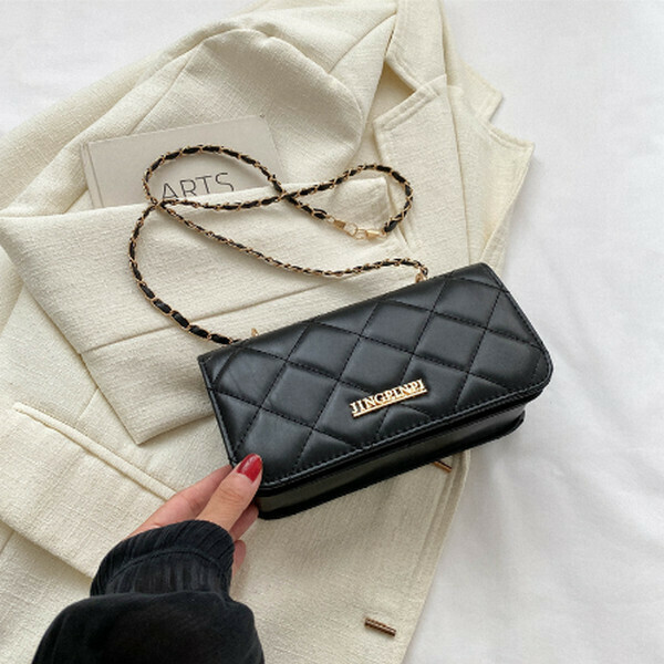 Hotly recommended solid color rhombus embroidery chain shoulder crossbody bag [black]