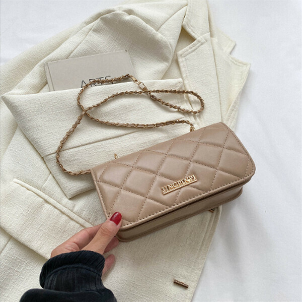 Hotly recommended solid color rhombus embroidery chain shoulder crossbody bag [khaki]