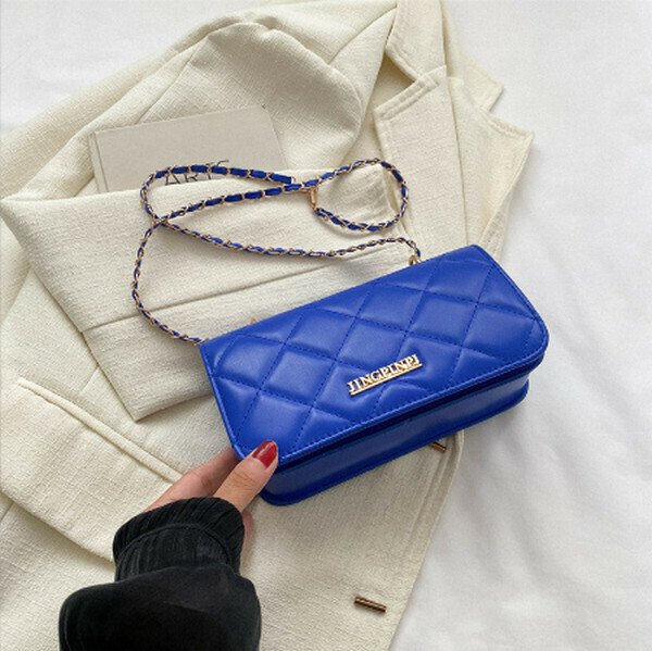 Hotly recommended solid color rhombus embroidery chain shoulder crossbody bag [blue]