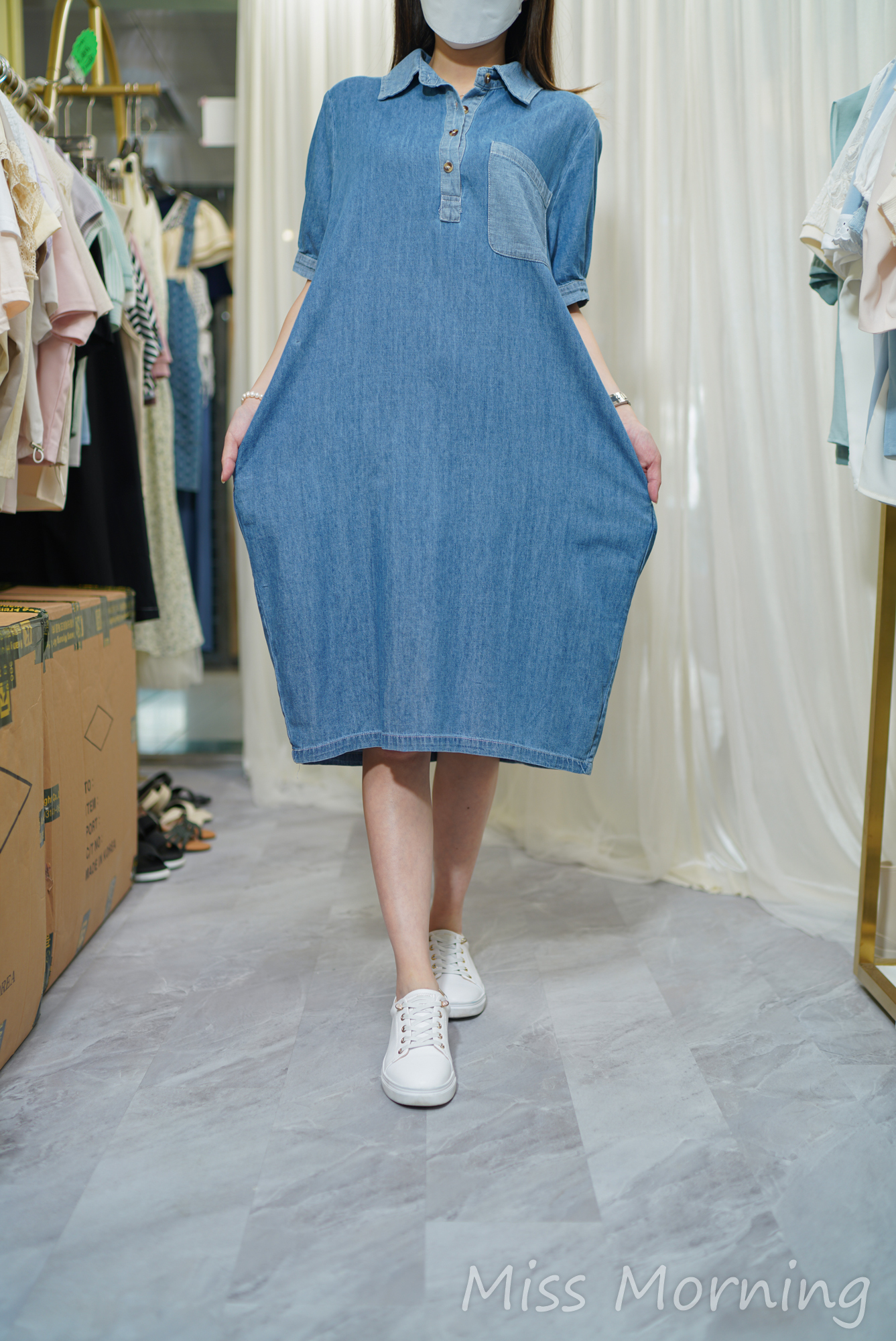 悠閑拼色悠閑牛仔連身裙(14004)