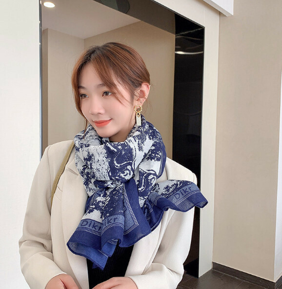 爆款百搭棉麻圍巾（墨香-藍色）（尺寸：180*85cm）