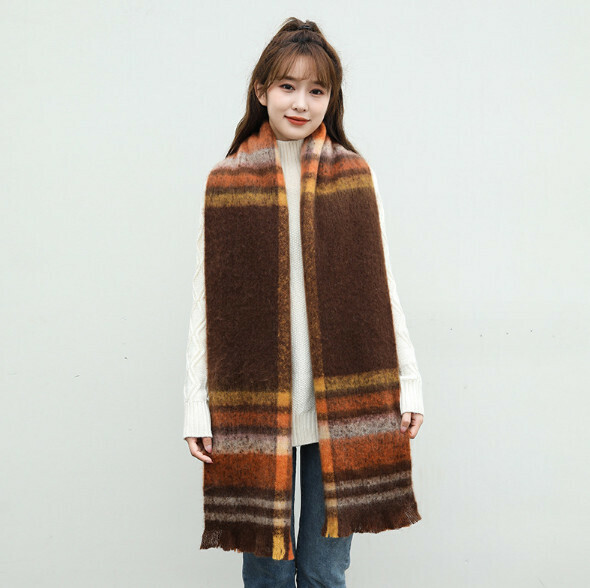 爆款短須圈圈紗仿羊絨毛線圍巾（咖橙黃組）（尺寸：215*38cm）