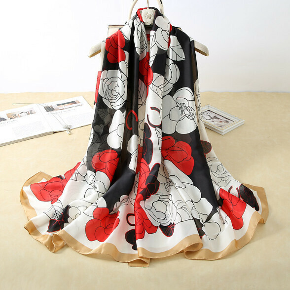爆款仿真絲長條絲巾（山茶花-紅色）（尺寸：180*90cm）