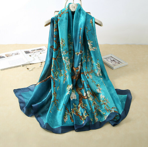 爆款仿真絲長條絲巾（杏花樹-寶石藍）（尺寸：180*90cm）