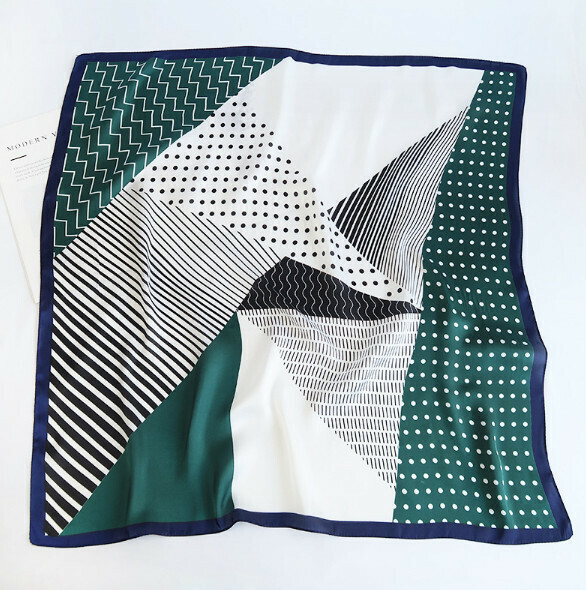 熱推印花仿真絲絲巾（波點條紋-綠色）（尺寸：70*70cm）