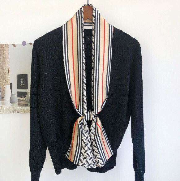 New narrow double-layered long silk scarf (dark stripes-khaki) (size: 15*152cm)