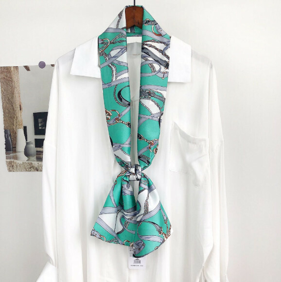 New narrow double-layered long silk scarf (threaded buttons - cyan) (size: 15*152cm)