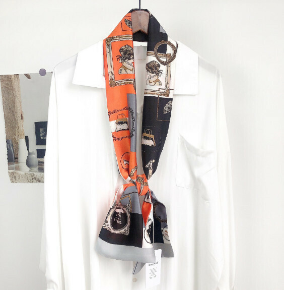 New narrow double-layer long silk scarf (art lady - orange and black) (size: 15*152cm)