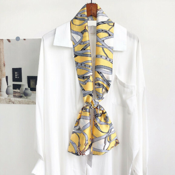 New narrow double-layered long silk scarf (threaded buttons - yellow) (size: 15*152cm)