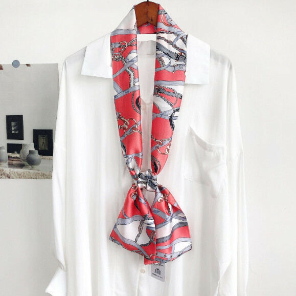 New narrow double-layer long silk scarf (threaded buttons - red) (size: 15*152cm)