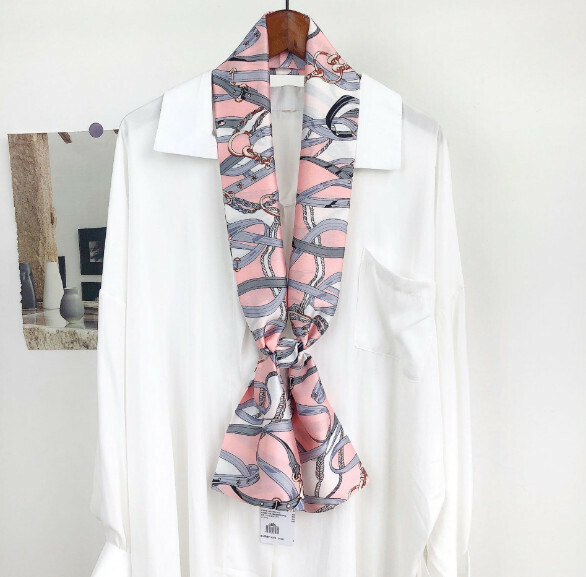 New narrow double-layered long silk scarf (threaded buttons - pink) (size: 15*152cm)