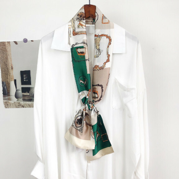 New narrow double-layer long silk scarf (art lady - green) (size: 15*152cm)