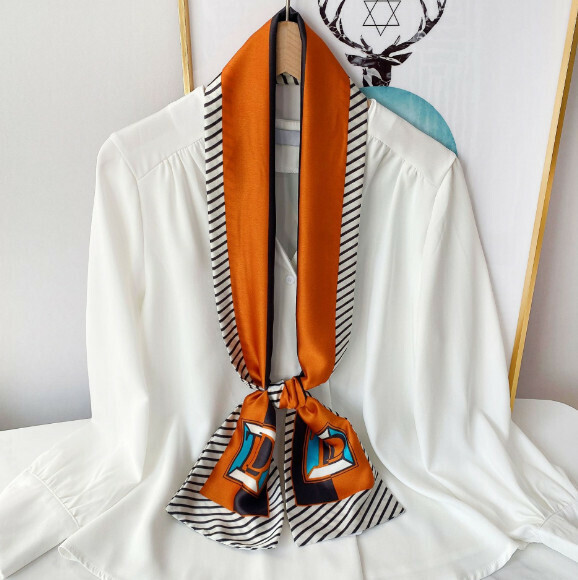 New narrow double layer long silk scarf (T D - orange) (size: 15*152cm)