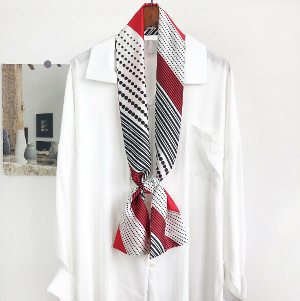 New narrow double-layered long silk scarf (dot twill - red) (size: 15*152cm)