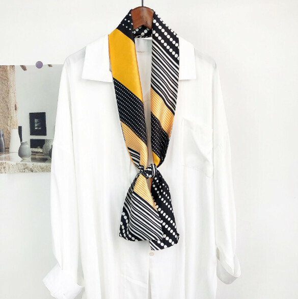 New narrow double-layer long silk scarf (dot twill - yellow) (size: 15*152cm)