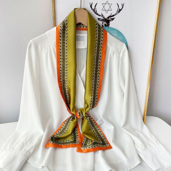 New narrow double-layered long silk scarf (Welsh Gerald pattern-orange green) (size: 15*152cm)