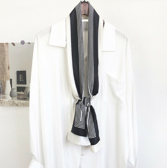 New narrow double-layered long silk scarf (Golden Stripes - Black) (size: 15*152cm)