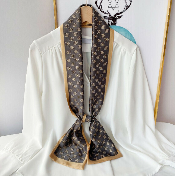 New narrow double layer long silk scarf (Arc de Triomphe - Brown) (size: 15*152cm)