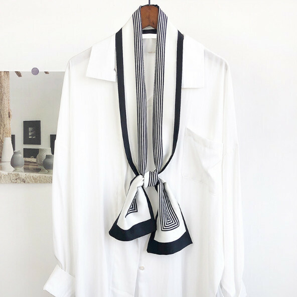 New narrow double layer long silk scarf (Golden Stripes - White) (size: 15*152cm)