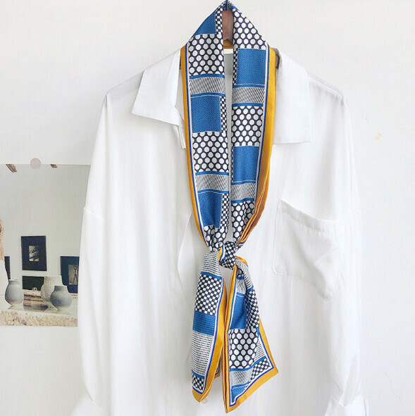 New narrow double-layer long silk scarf (large and small dots - yellow and blue) (size: 15*152cm)