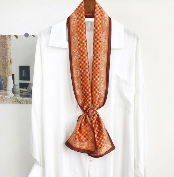 New narrow double layer long silk scarf (cashew geometry - orange) (size: 15*152cm)