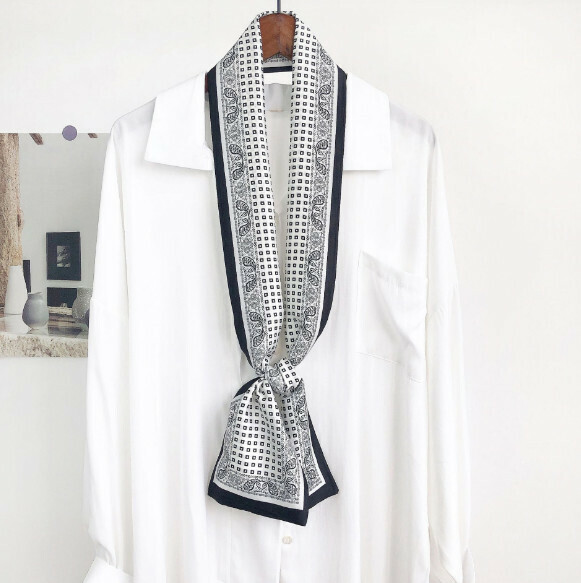 New narrow double layer long silk scarf (cashew geometry - black and white) (size: 15*152cm)