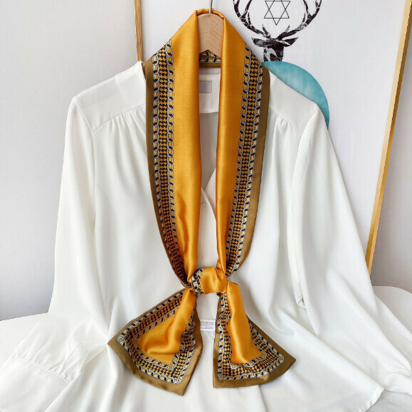 New narrow double-layered long silk scarf (Welsh Gerard-yellow) (size: 15*152cm)