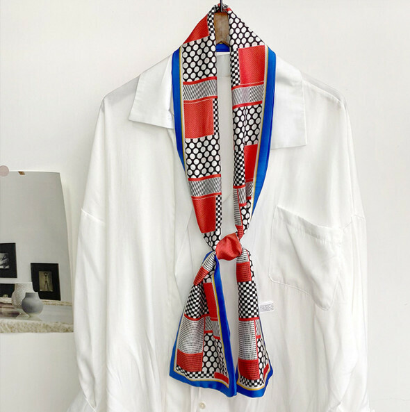 New narrow double-layer long silk scarf (large and small dots - red and blue) (size: 15*152cm)
