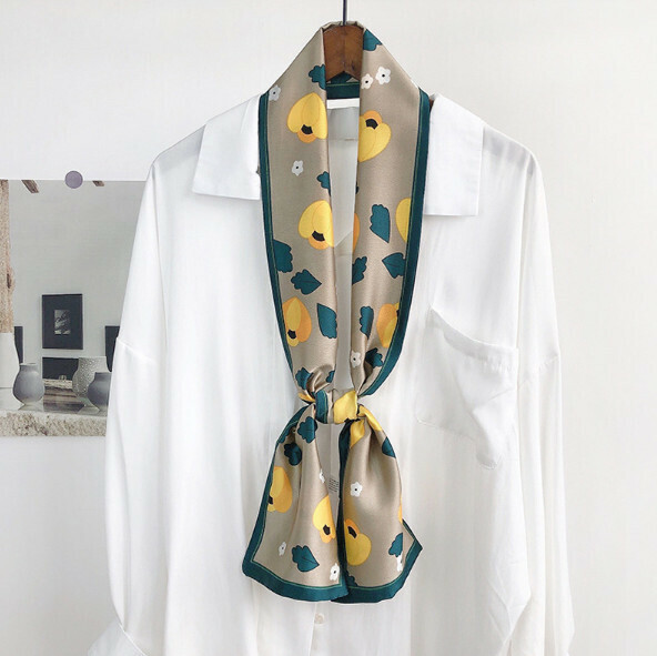 New narrow double layer long silk scarf (simple flower - green) (size: 15*152cm)