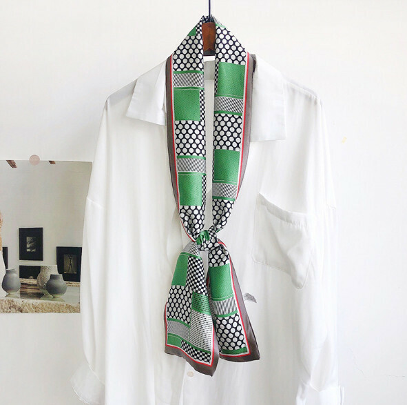 New narrow double-layer long silk scarf (large and small dots - green) (size: 15*152cm)