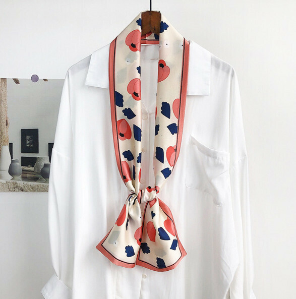 New narrow double layer long silk scarf (simple flower - white) (size: 15*152cm)