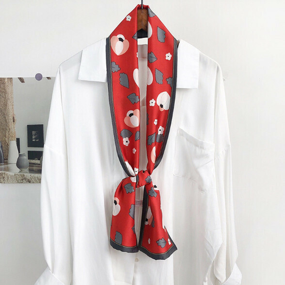 New narrow double layer long silk scarf (simple flower - red) (size: 15*152cm)