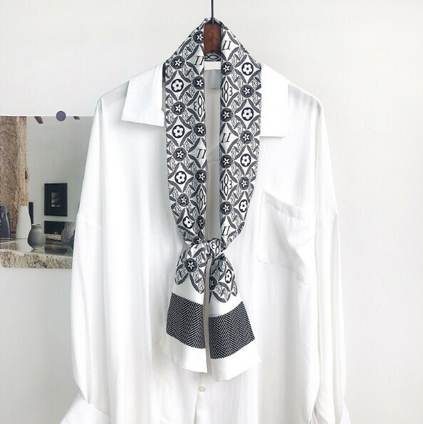 New narrow double layer long silk scarf (digital geometry - white) (size: 15*152cm)