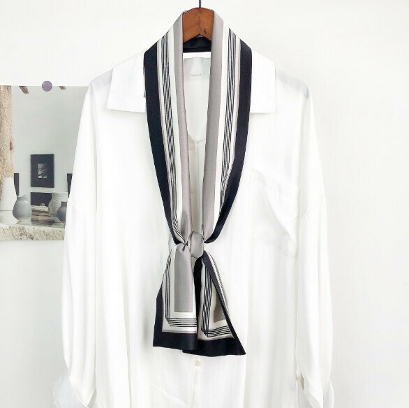 New thin double layer long silk scarf (slim stripes - black) (size: 15*152cm)