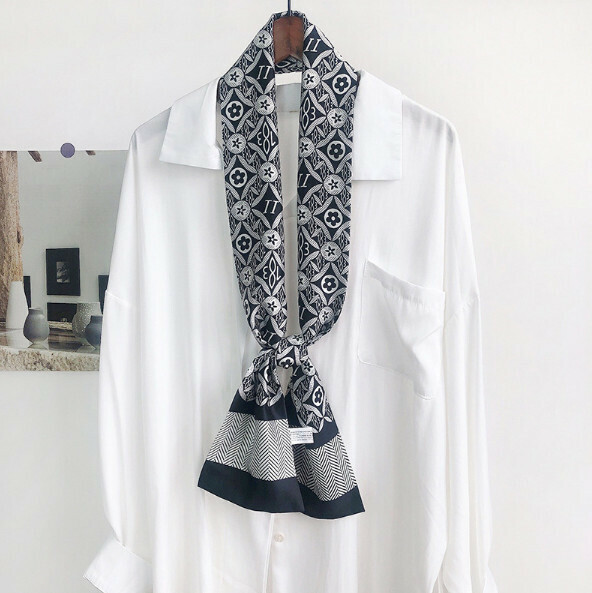 New narrow double layer long silk scarf (digital geometry - gray) (size: 15*152cm)