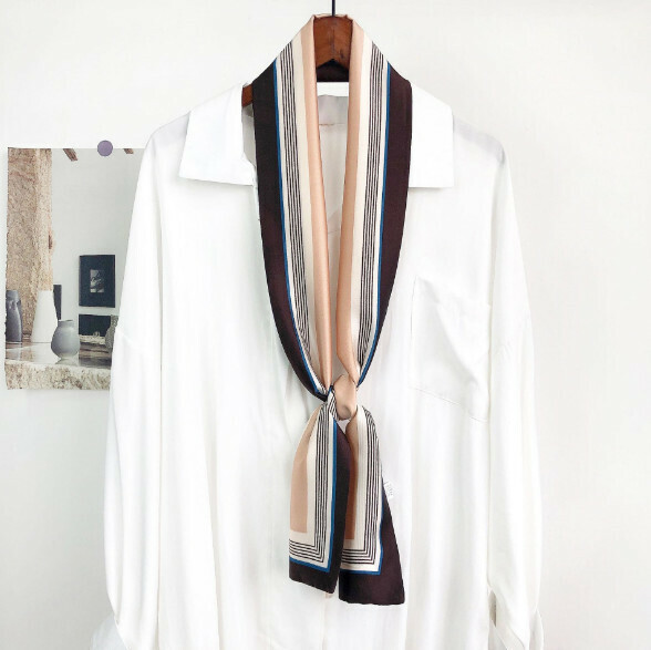 New narrow double layer long silk scarf (slim stripes - light brown) (size: 15*152cm)