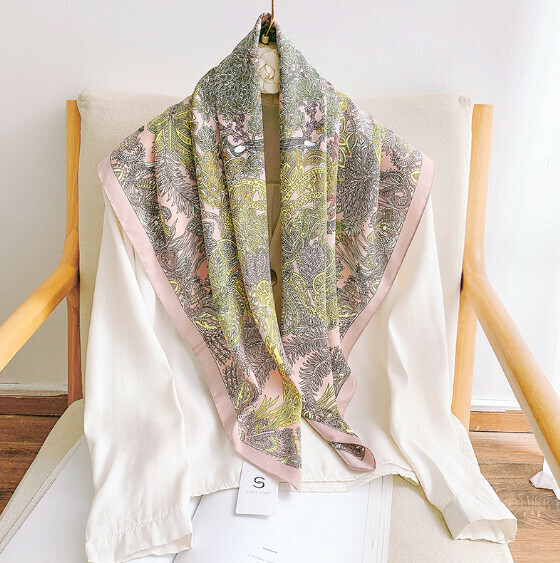 新款印花薄款90方巾絲巾（盛夏-粉色）（尺寸：90*90cm）