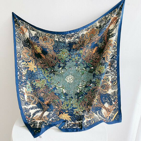 新款印花薄款90方巾絲巾（盛夏-藍色）（尺寸：90*90cm）