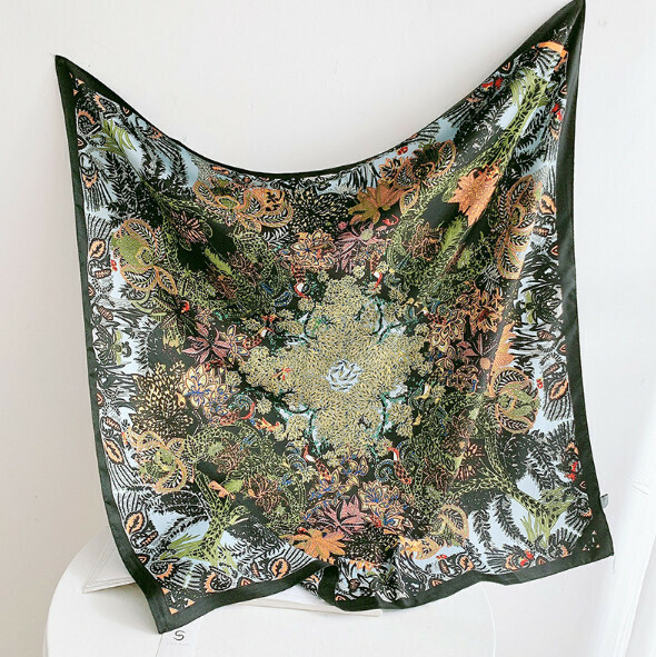 新款印花薄款90方巾絲巾（盛夏-墨綠色）（尺寸：90*90cm）