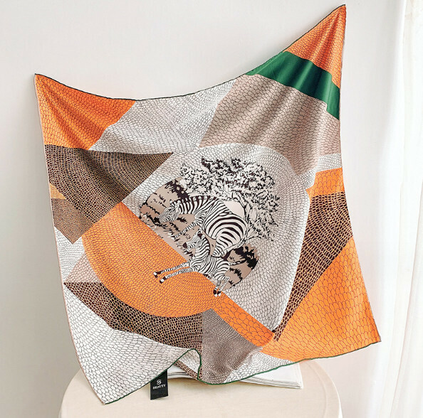 新款仿真絲90方巾絲巾（斑馬印象-橙綠）（尺寸：90*90cm）