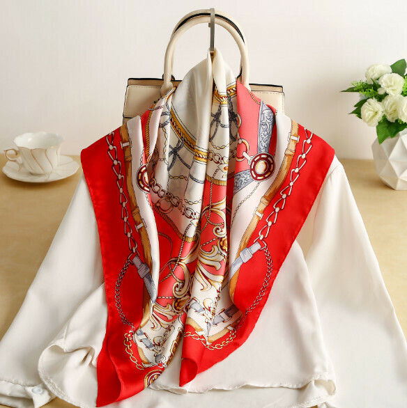 新款仿真絲90方巾絲巾（8#紅色）（尺寸：90*90cm）