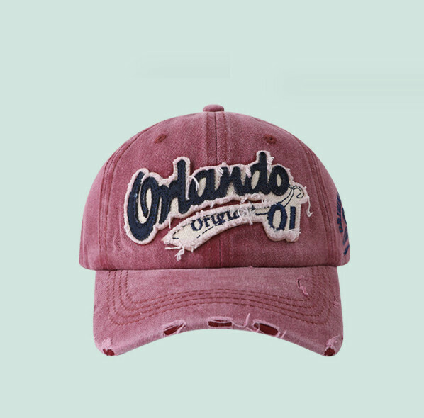New retro distressed denim peaked hat (430 burgundy)
