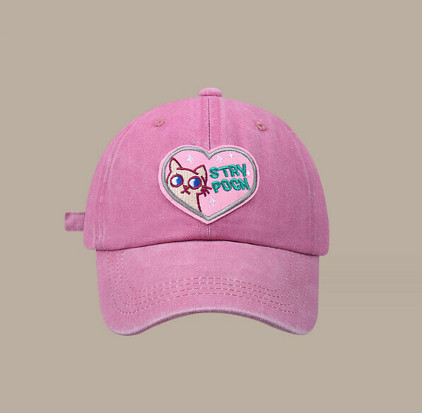 Hot Recommended Cartoon Patch Washed and Distressed Soft Top Peaked Cap (326CHT Pink Love Cat)
