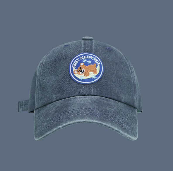 Hot Recommended Cartoon Patch Washed and Distressed Soft Top Peaked Cap (326CHT Dark Blue Bear)