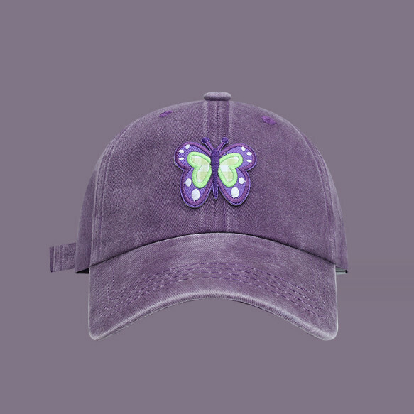 Hot Recommended Cartoon Patch Washed and Distressed Soft Top Peaked Cap (326CHT Purple Butterfly)