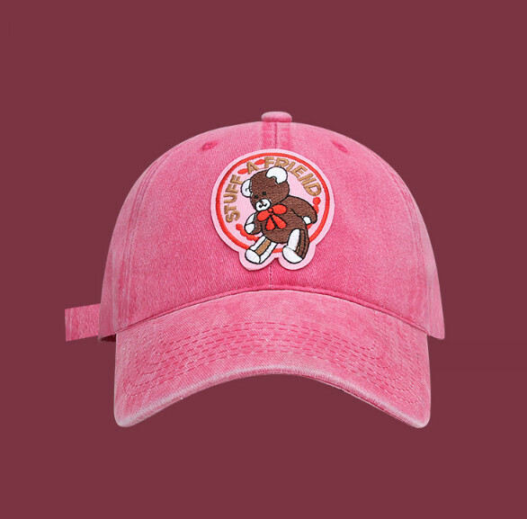 Hot Recommended Cartoon Patch Washed and Distressed Soft Top Peaked Cap (326CHT Pink Bear)